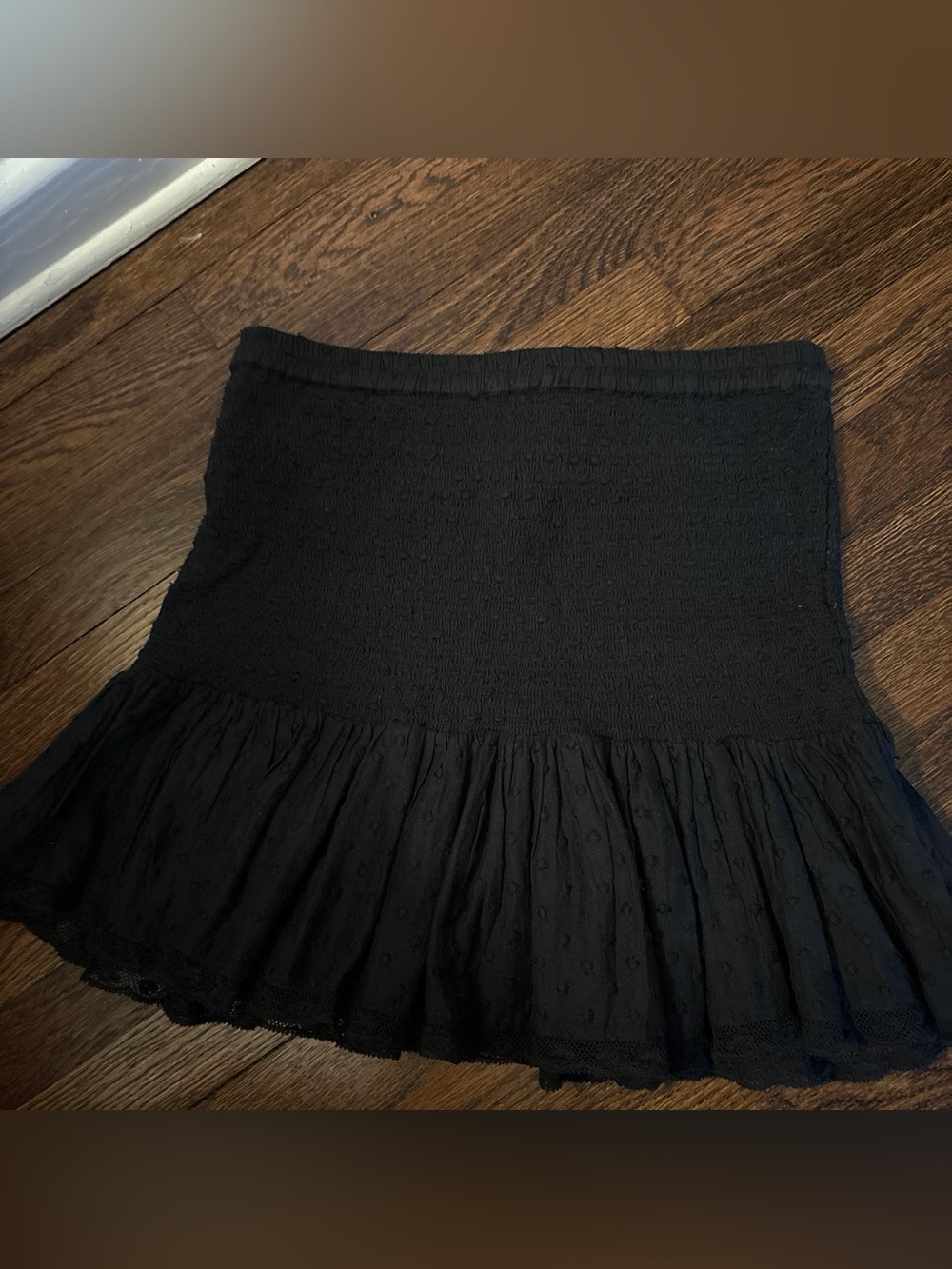 Love Shack Fancy Black Smocked Ruffle Mini Skirt
